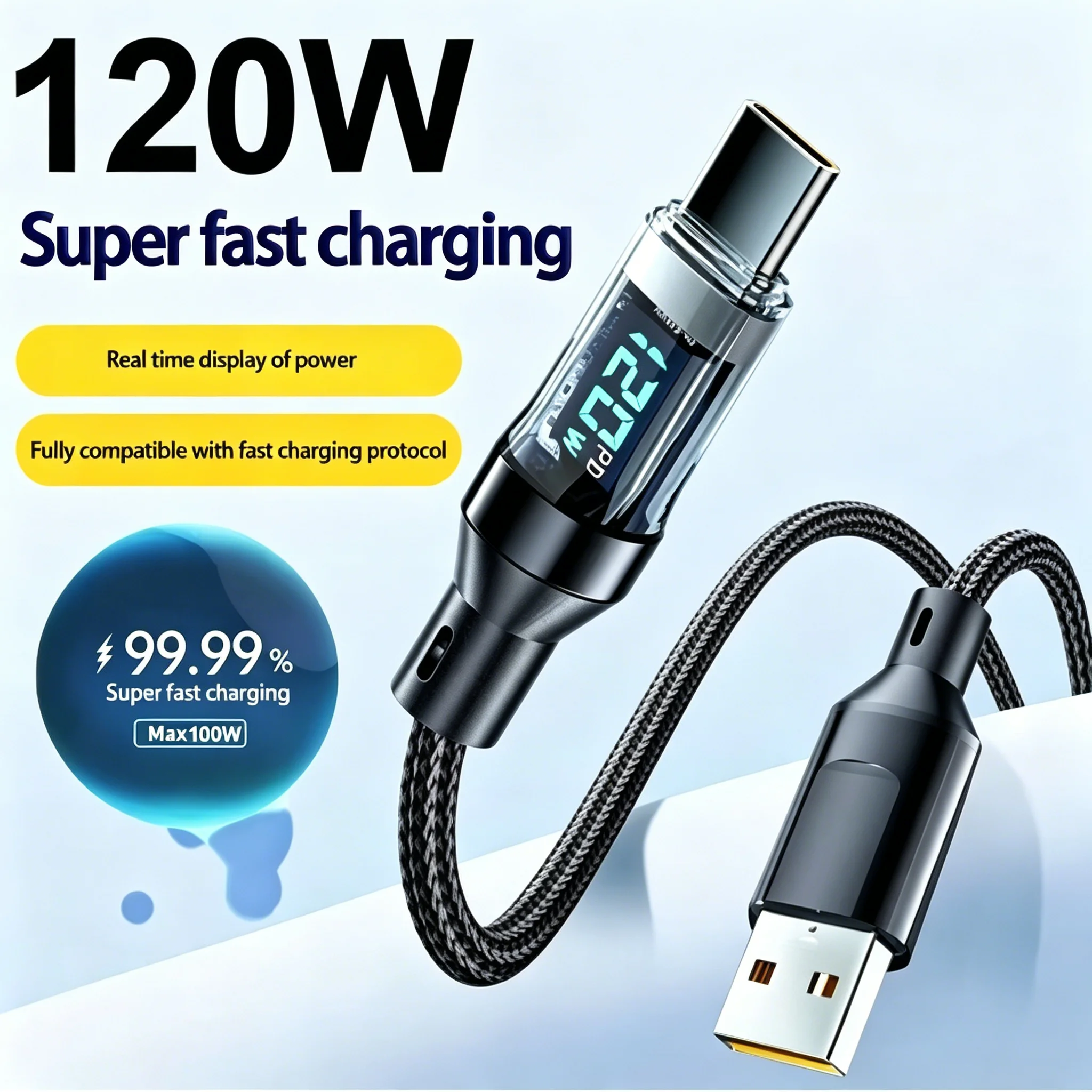 Cabo de Carregamento Tipo C Trançado em Nylon 120W 6A Super Rápido com Display LED de Energia para Celulares Samsung Xiaomi POCO