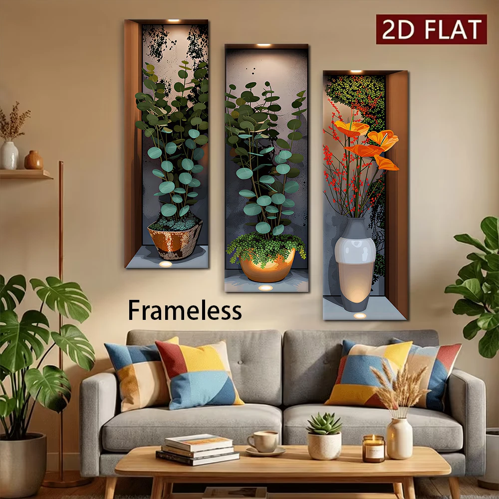 1 set of modern simple triple wall stickers, simulated green plant and flower wall paintings, living room, bedroom, entrance dec