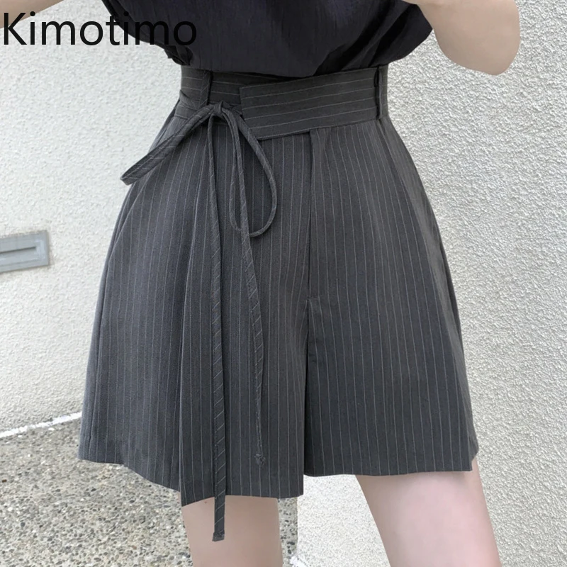 

Kimotimo Simple Striped Suit Shorts Women 2025 Summer High Waist Lace Up Wide Leg Short Pants Chic Fashion Versatile Streetwear