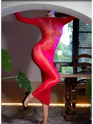 8D Nylon Side Seamless Long Sleeve Midi Dress Glossy Shiny Transparent Vestido Bodystocking Tights Package Hip Dresses Lingerie