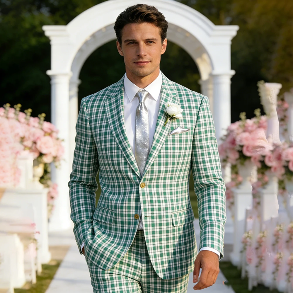 

Summer Plaid Men's Suits for Wedding Fashion Single Breasted Notch Lapel Slim Fit 2 Piece Jacket Pants Male Clothing Costume