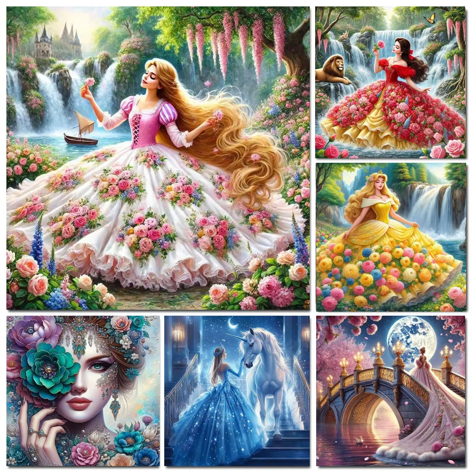 

5D алмазная живопись девушка единорог луна водопад креативные хобби полная квадратная круглая мозаика принцесса цветочная юбка вышивка