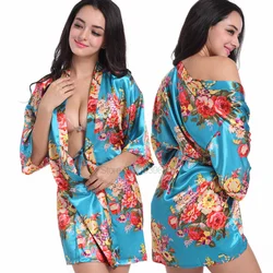 Satin Kimono Bath Gown Women Short Robe Print Flower Morning Bathrobe Nightgown Sexy Mini Loungewear Intimate Lingeri