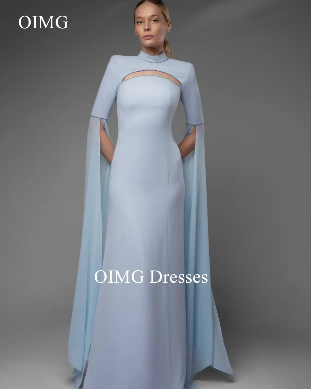 

OIMG Fashion Saudi High Neck Prom Dresses Cape Sleeves Satin Ruched Sky Blue Simple Elegant Evening Gowns Formal Party Dress