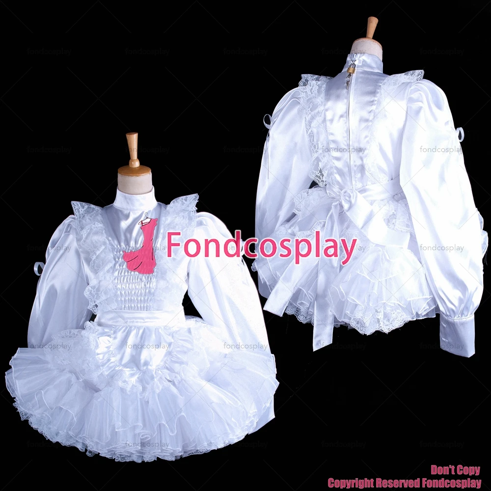 fondcosplay adult sexy cross dressing sissy maid short lockable white Satin lace dress apron costume CD/TV[G1627]