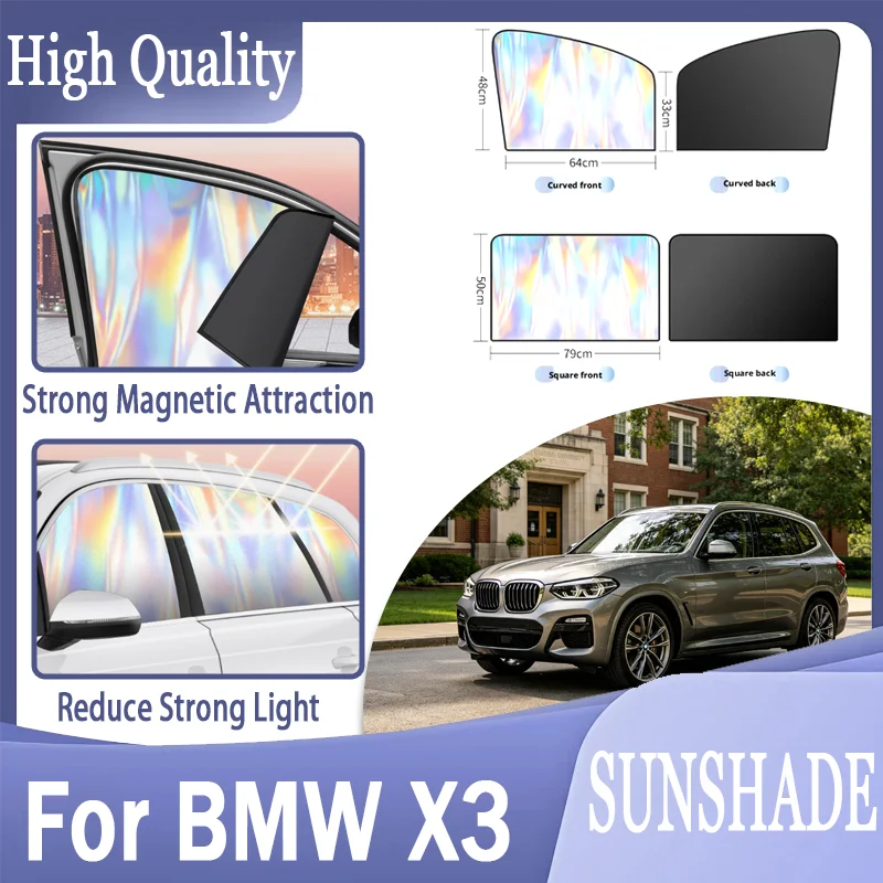 For BMW X3, Magnetic Side Window Sun Shade Titanium Silver Opaque Full Cover, Laser UV-Protective Film, Heat Block.