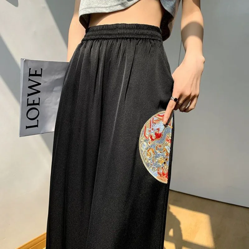 Calças de perna larga para mulheres no verão fino estilo chinês bordado moda casual calças retas soltas e finas e na moda