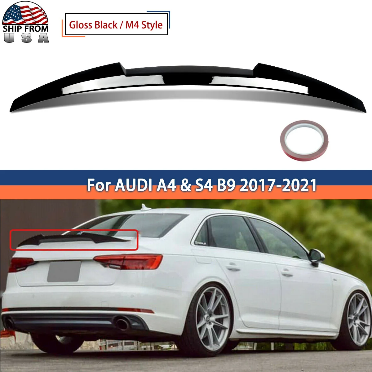 

ABS M4 Style Rear Trunk Spoiler Wing Lip Compatible with Audi S4 A4 B9 Sedan 2017-2021 Gloss Black or Carbon Fiber Look Magickit