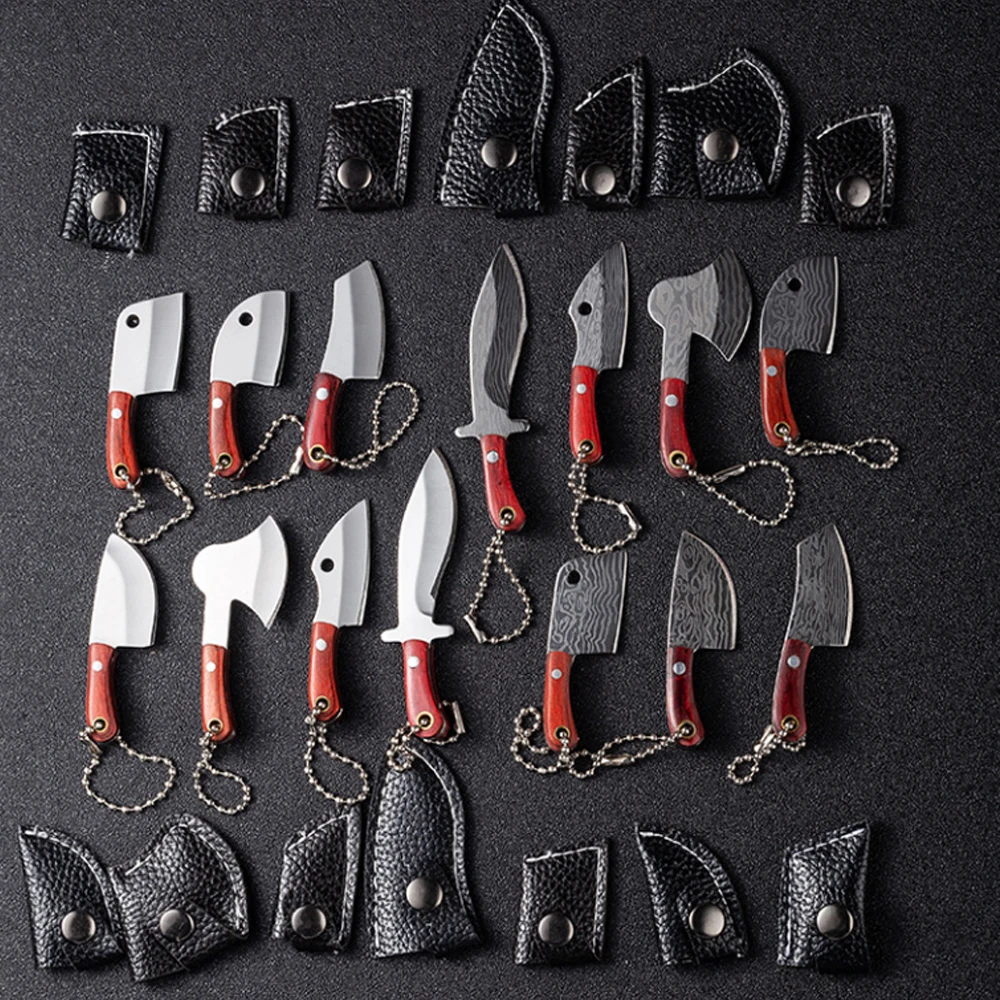Mini cuchillo de fruta portátil de acero inoxidable con llavero, multiherramienta para acampar al aire libre, cuchillo compacto con funda de cuero