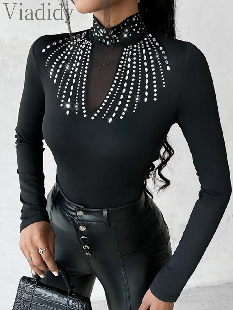 Women Sexy Solid Color Studded Rhinestone Design Sheer Mesh Long Sleeve Top