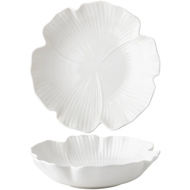 Nordic White Embossed Flower 8-inch Ceramic Deep Plate Japanese High Beauty Minimalist Bowl Salad Plate Soup Plate Set Cutlery