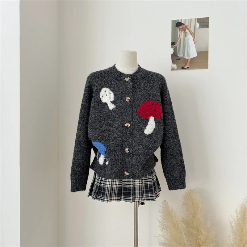 MEXZT Kawaii سترة مشغولة من الصوف المرأة Harajuku لطيف طباعة سترة ملابس خارجية الشتاء الكورية تريكو موضة كم طويل لاعبا