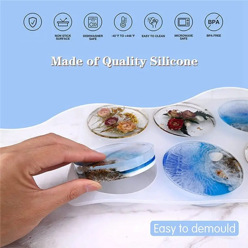 HITL Resin Coaster Molds 6-Cavity Deep Round Coaster Silicone Molds Coaster Mold for Epoxy Resin DIY Coasters Resin Art Gifts