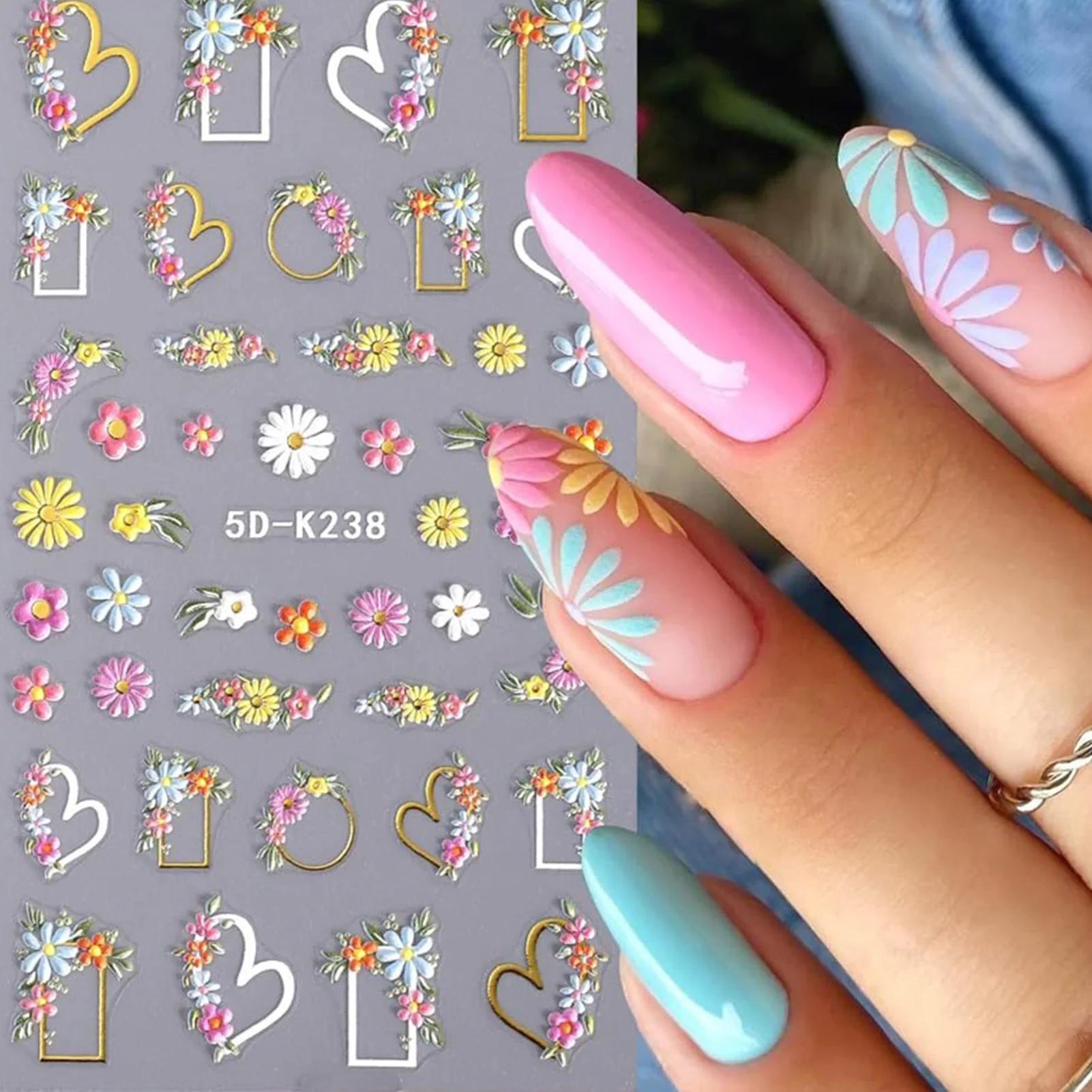 Colorful Flower Nail Stickers Self-adhesive Daisy Embossed Flower Nail Stickers for Parties Wedding Dating Daily Life