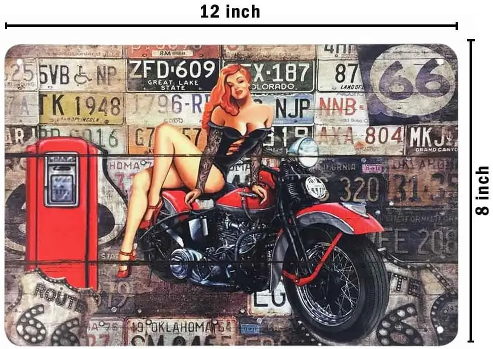 AOYEGO Pin Up Motorcycle Girl Tin Sign,Sex Girl Near Gas Station Sit On Motor With License Plate Wall Vintage Metal Tin Signs fo