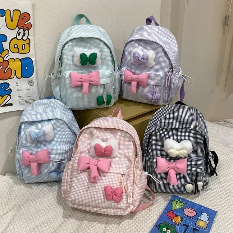 Nylon lightweight student kawaii schoolbag with contrasting colors and cute bow, a commuter travel bag for girls