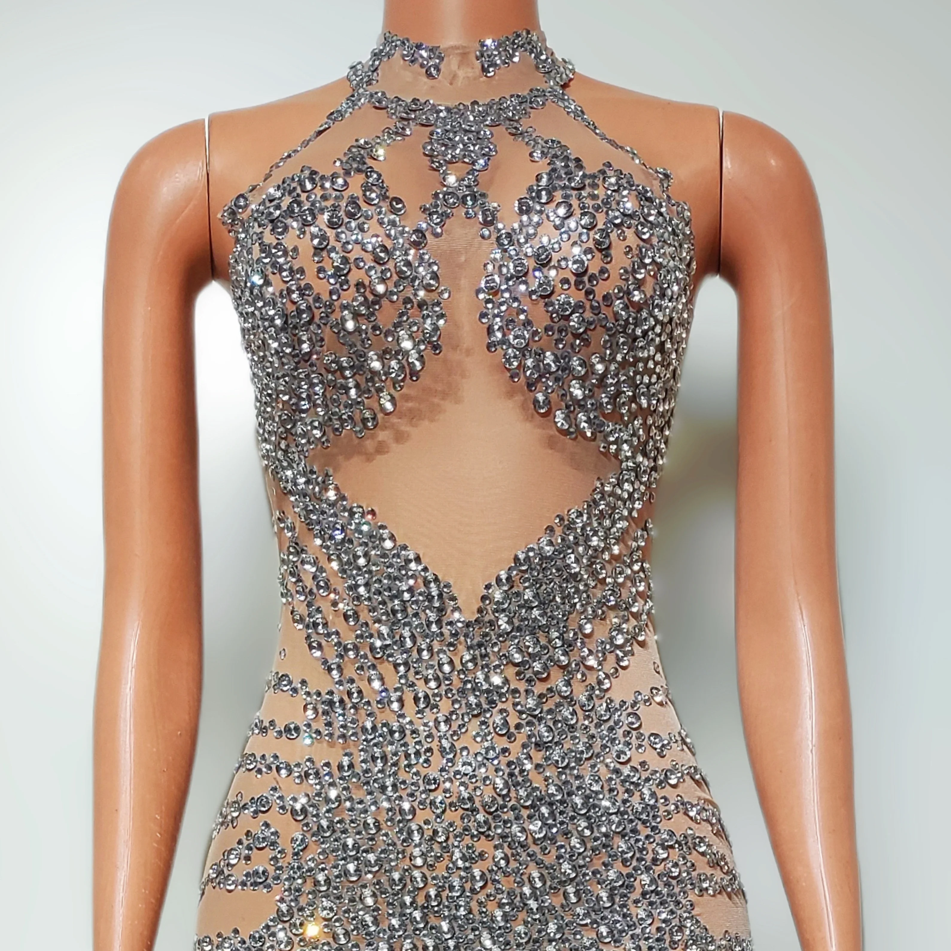 여성 섹시 숏 드레스 실버 라인스톤 투명 타이트 메쉬 생일 파티 이브닝 파티 공연 가수 무대 의상