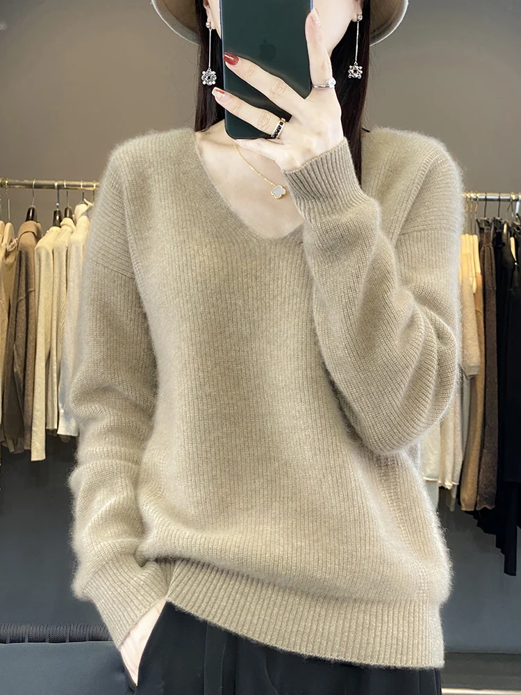 

Осень-зима, женский новый вязаный пуловер из 100% чистой шерсти, толстый теплый пуловер с v-образным вырезом, однотонный базовый вязаный кашемировый пуловер, удобный