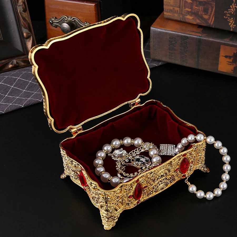 Retro Rectangle Gold Red Zircon Jewelry Box Treasure Chest Trinket Jewelry Box Ring Case for Girls Women