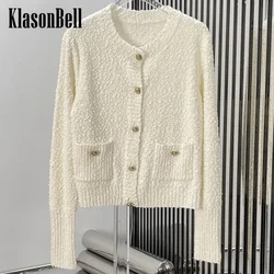 8.15 Klasonbell Women O-Neck Metal Button Pocket Decoration Wool Blend Knit Cardigan Or A-Line Skirt  Temperament Sweet Set