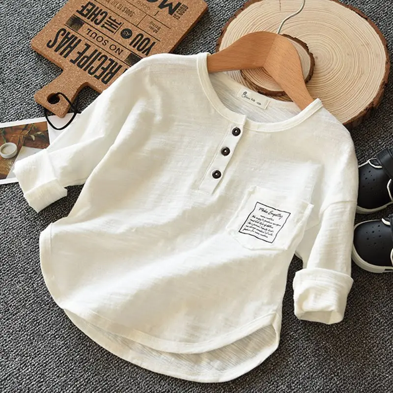 

Boys 2024 Spring and Autumn Pullover Round Neck Panel Button Pocket Fashion Solid Color Casual Loose Long Sleeved T-shirt Tops