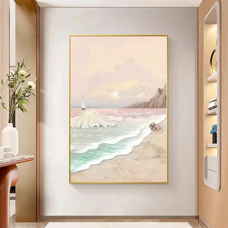 

Modern Landscape Painting, Abstract Hand Drawn Decorative Painting, Seaside and Sea View Poster, Framed Mural for Hanging, Home