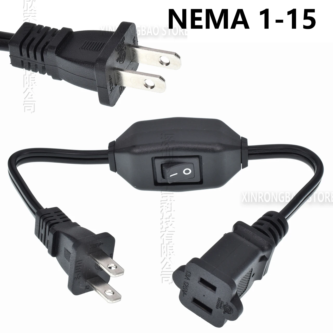 米国偏光延長コード、オン/オフスイッチ付き、NEMA 1-15P オス - 1-15R