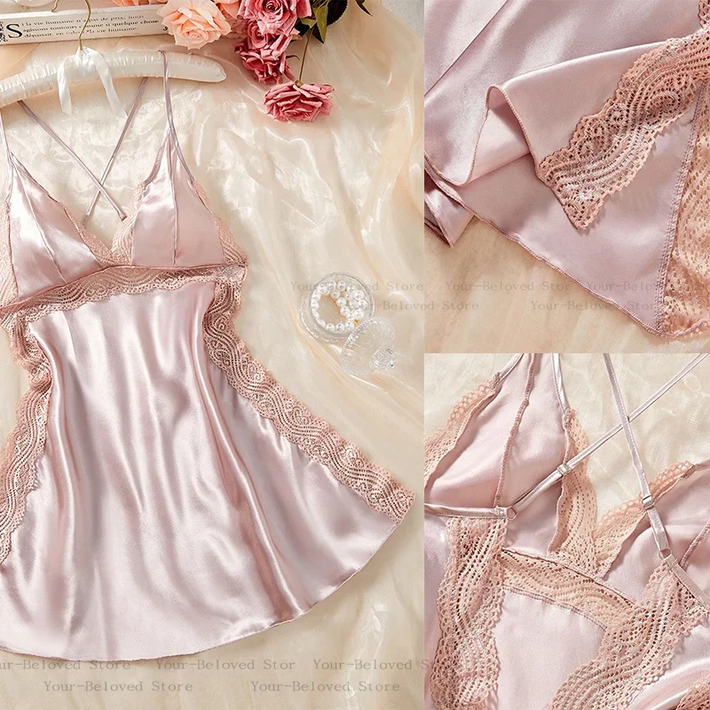 Baju Tidur Berenda Seksi Lingerie Satin Wanita Gaun Malam Tanpa Lengan Pendek Pakaian Rumah Punggung Terbuka Pakaian Dalam Menggoda Pakaian Tidur Rayon