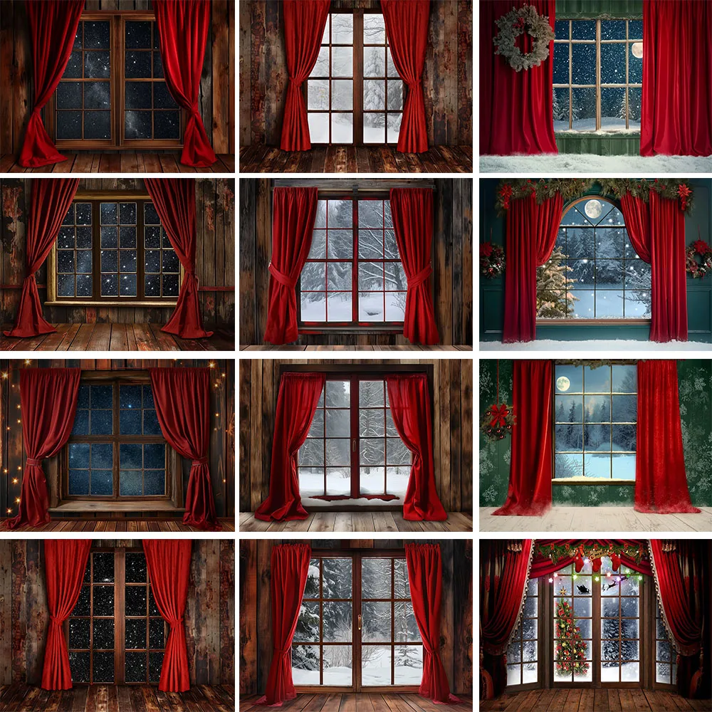 

Mocsicka Christmas Backdrop Photography Window Snow Scene Red Curtain Wooden Wall and Floor Xmas Children Photo Background Props