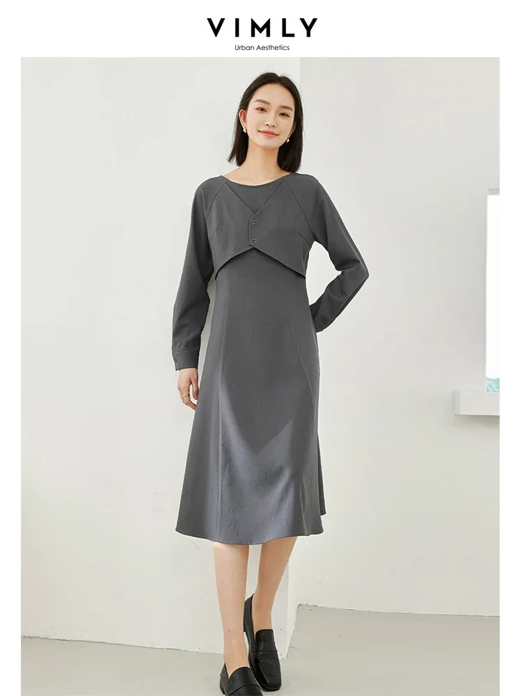 

Vimly Grey Midi Dress Women 2023 Autumn New in Female Elegant Office Lady Solid O-neck Long Sleeve A-line Fishtail Dresses M3958