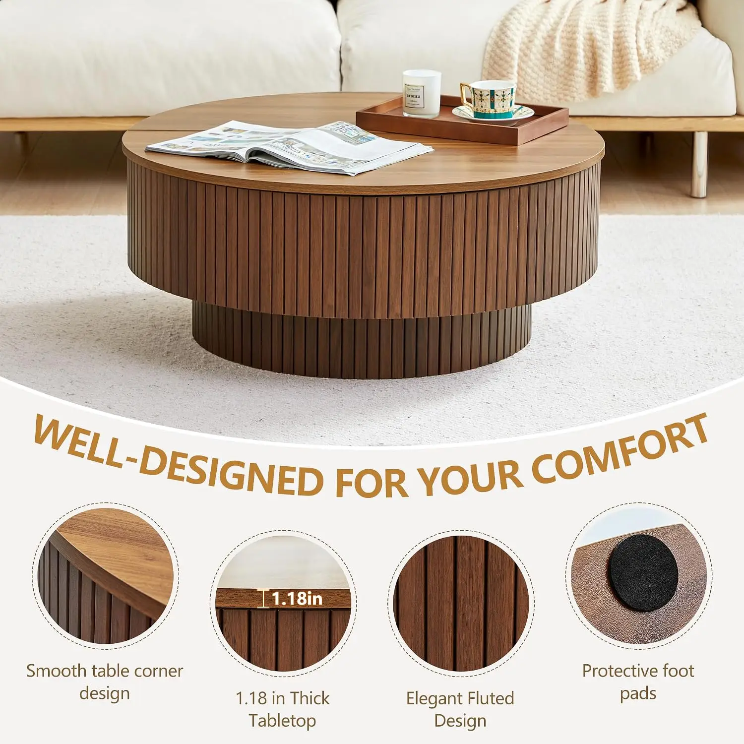 33 Inch Round Coffee Table With Lift Top And Flip Top Storage, Modern Accent Fluted Coffee Tables With Metal Frame, Wooden Circle Center Table For Living Room Small Space Apartment Office, Walnut