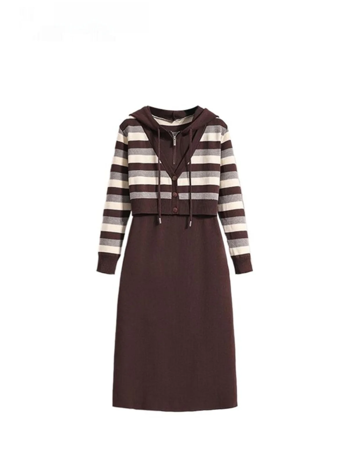 

plus Size Knitted Dr with Hood for Women Spring Season Slimming Long Dr Fake Two-Piece Sle Korean Sle Commute Wind