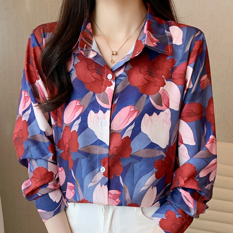 Fashion Chiffon Blouses for Women Clothing Printing Shirt Long Sleeve Vintage Female Elegant Tops Lady Basic Button Dropshipping