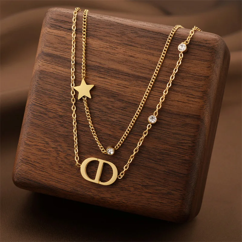 Collar de Doble Capa de Acero de Titanio a la Moda con Diseño de Letras, Gargantilla Sutil para Uso Diario, Elegante Cadena de Clavícula