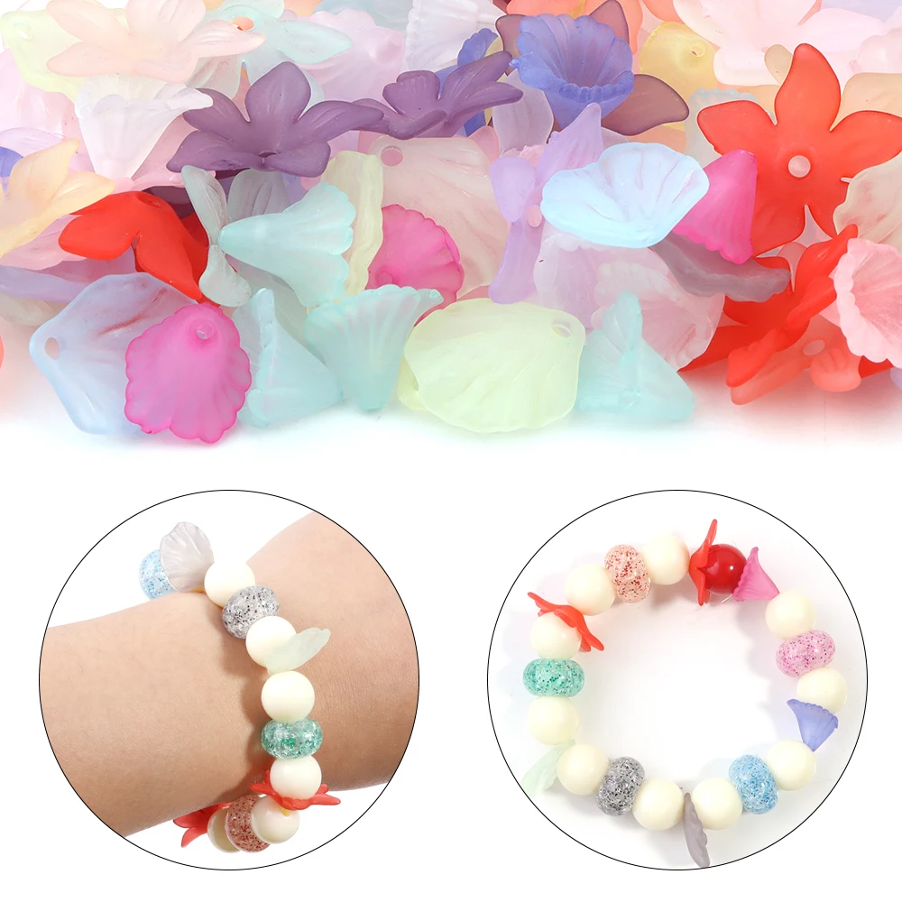 100 Stück bunte Blumen- und Blätter-Acrylperlen, Charms, Abstandshalter, Perlenkappen für die Schmuckherstellung, DIY-Armbänder, Ohrringe, Schlüsselanhänger-Zubehör – Detail 2