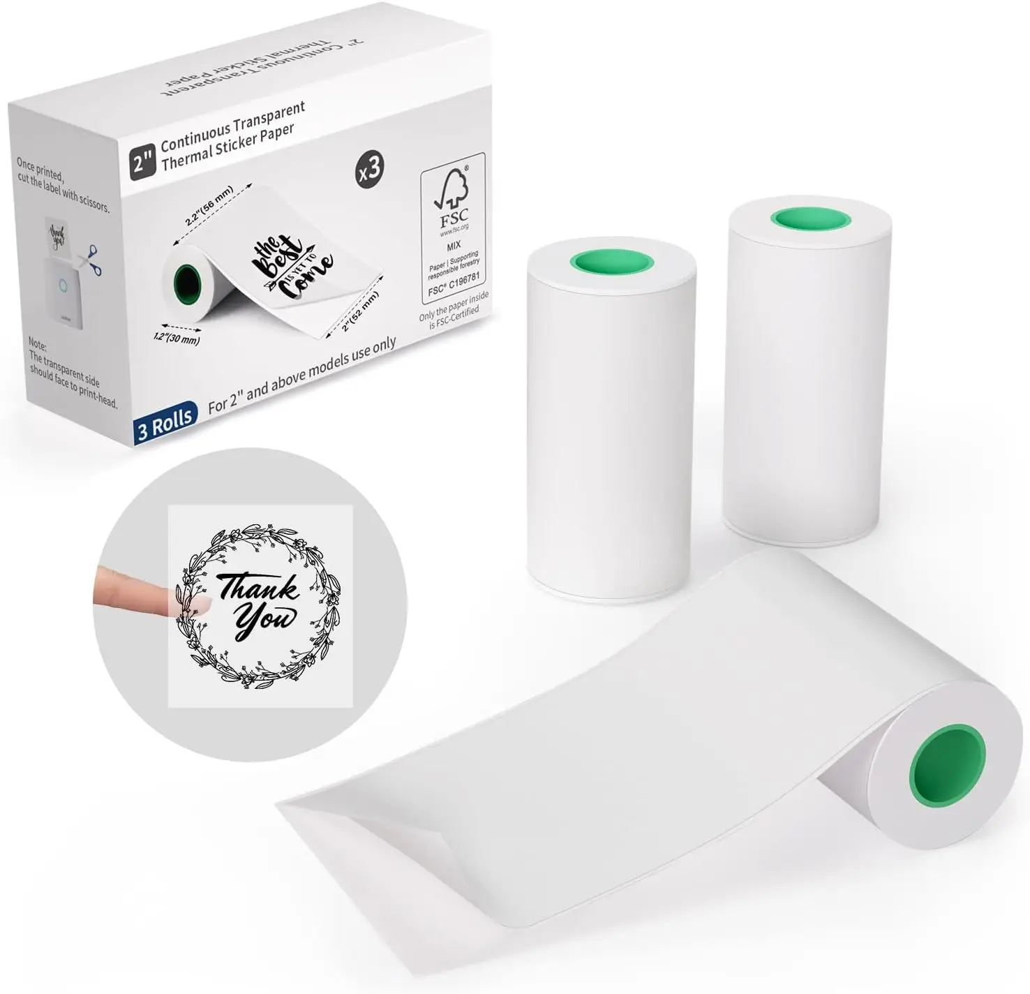 

2" Clear Thermal Paper Rolls, 3-Pack Waterproof Self-Adhesive Sticker Paper for Mini Printers