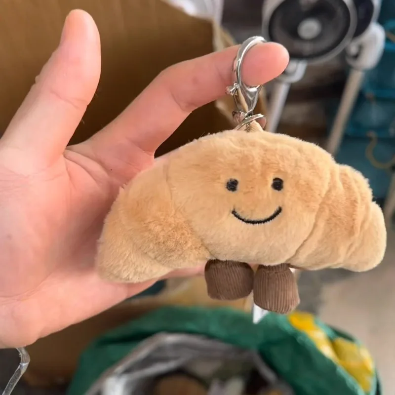 Portachiavi in peluche di cotone a forma di gatto, croissant e ciliegia, bicolore, morbido e adorabile