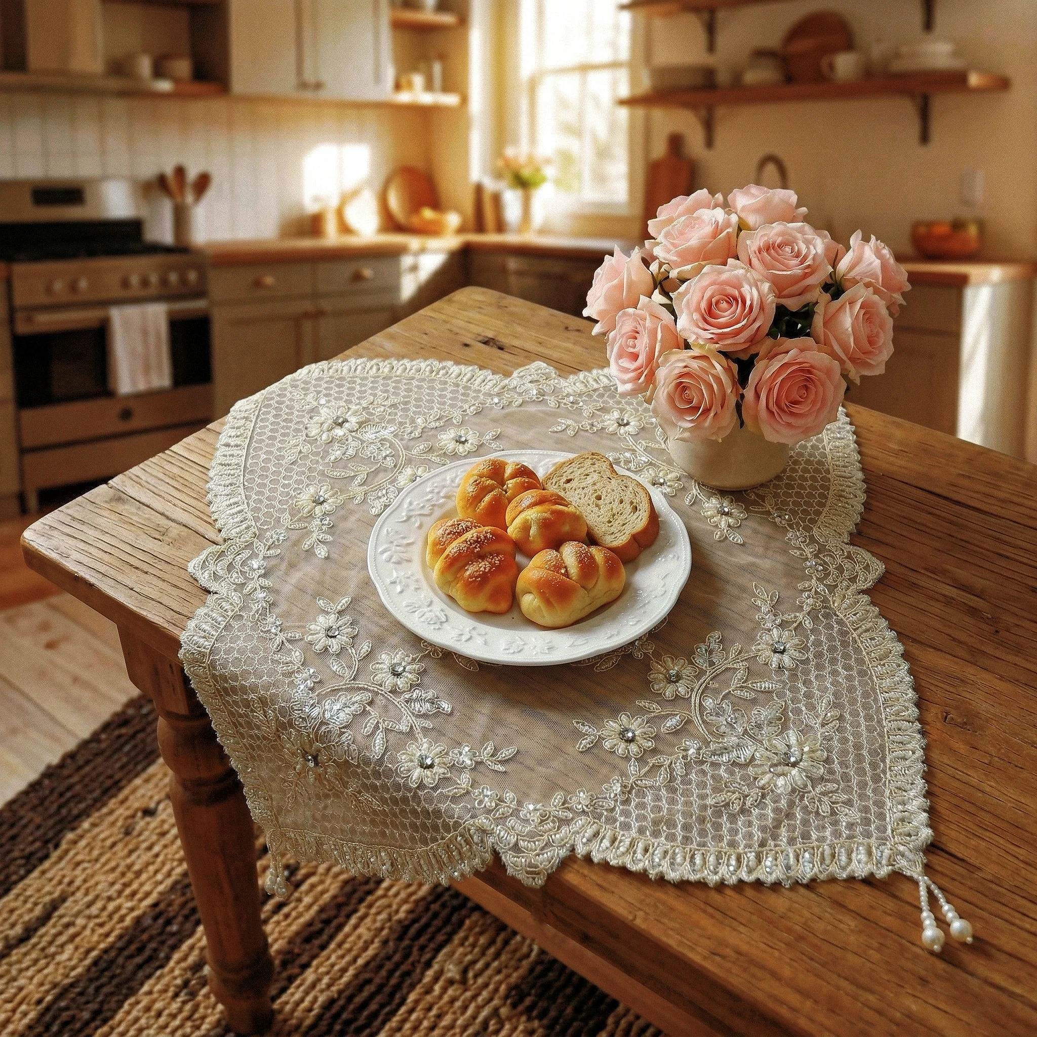 2pcs Vintage Lace Table Cloth With Pearl Beads Breakfast Placemat Sets Wedding Party Table Decor Home Furniture Dust Cover view 3