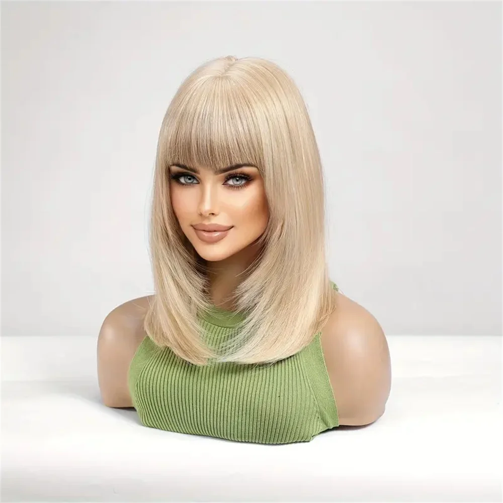 ALAN EATON Blonde Synthetic Wigs with Bangs Medium Length Straight Wig for Women Natural Layered Hair Daily Wear Heat Resistant