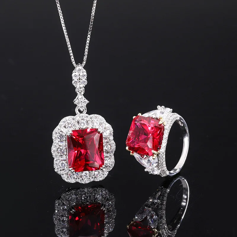 S925 All over silver Tiktok hot sale fashionable popular pigeon blood ruby retro style pendant jewelry ring set