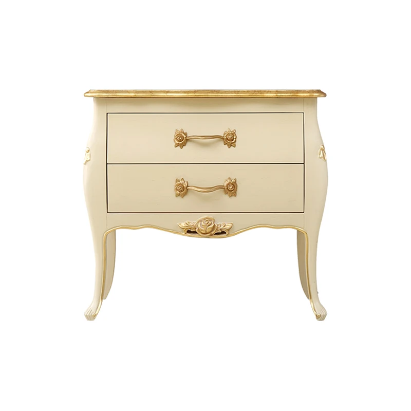 !@French Style Handcrafted Gilded Hardware Bedroom Nightstand White Solid Wood Mid Century Bedside Table With Drawer