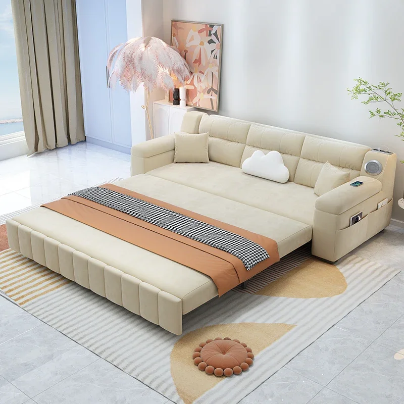 Solid wood sofa bed small apartment living room multi-functional double household simple telescopic folding dual-use integration