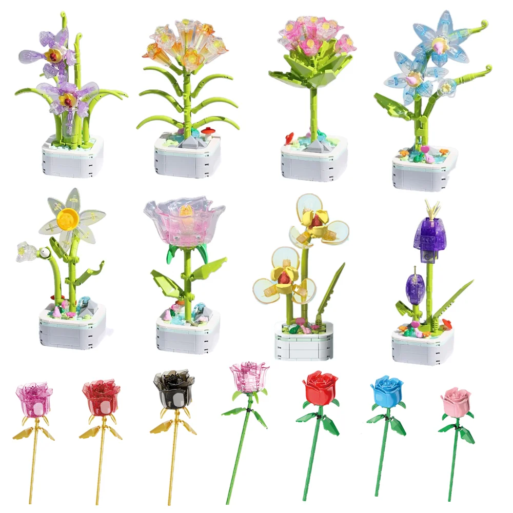 

Flower Building Blocks DIY Transparent Color Roses Perpetual Flower Arrangement Assembled Building Blocks Toys Home Decoration