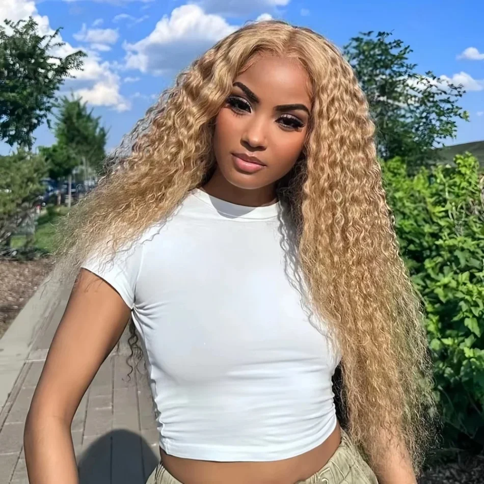 

# 27-й номер: Медово-золотистый кудрявый парик из 100% натуральных волос, 13x6, с глубокой волной, на кружевной основе, 13x4 HD прозрачный кружевной фронтальный парик, цветной ﻿