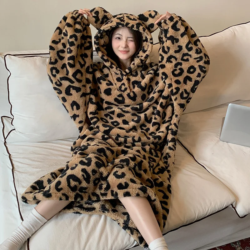

2025 New Hot Selling Leopard Print Hooded Coral Fleece Enlarged and Thickened Home Nightgown for Women