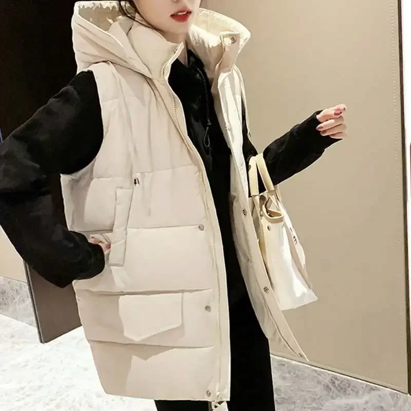 

Autumn Winter Students Sleeveless Women's Down Cotton Waistcoat Hooded Cotton Vest Jacket Women Warm Long Winter Parkas C7755