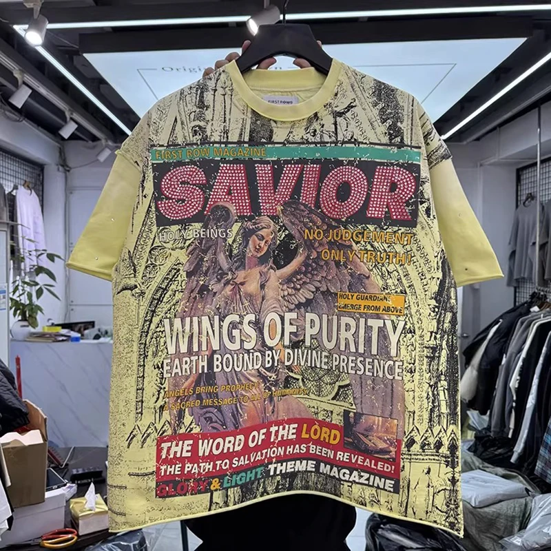 

Yellow FIRST ROW T-Shirts Washed American Style Hot Drill Letters Mens Womens High Quality Tee