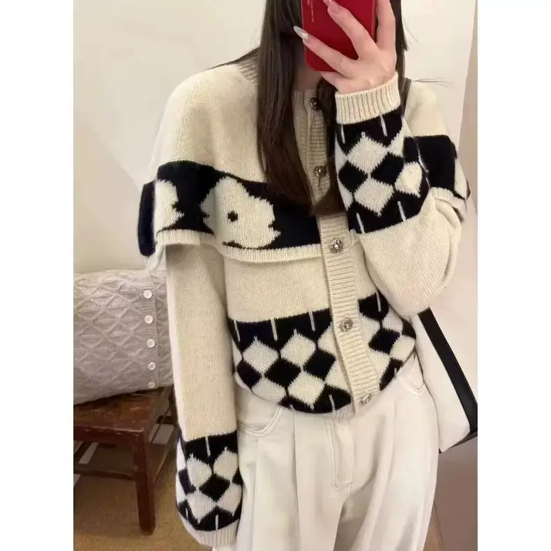 

2025 Autumn and Winter New Diamond Grid Knitted Cardigan Jacket Casual High-end Sweater for Women