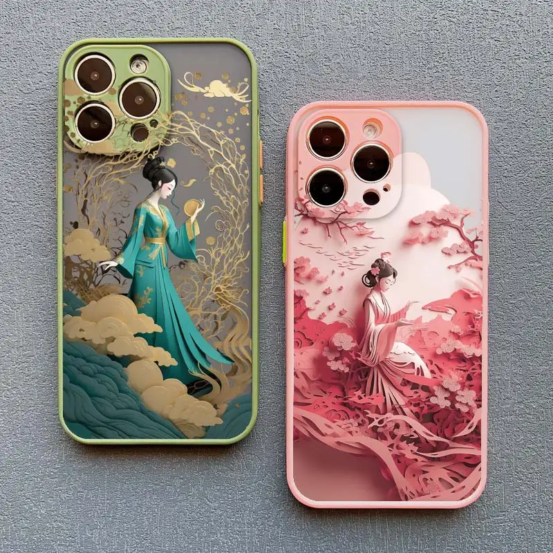 Chinese Style Antiquity Girl Paint Art Phone Case For iPhone 16 15 14 13 12 11 Pro Max Mini 15 8 7 Plus XS X XR Shockproof Cover