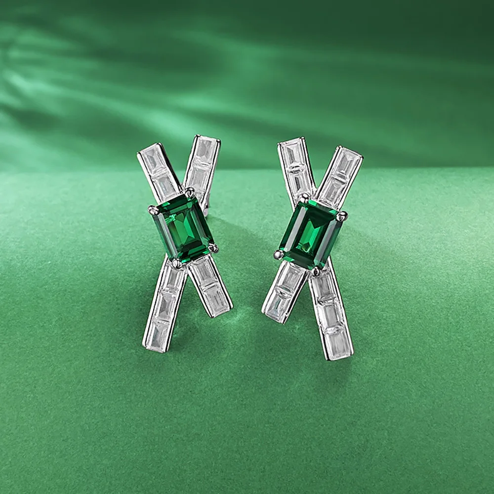 Retro 100% 925 Sterling Silver 6*8mm Emerald Lab Diamond X-Shaped Stud Earrings for Women Gemstone Party Wedding Fine Jewelry